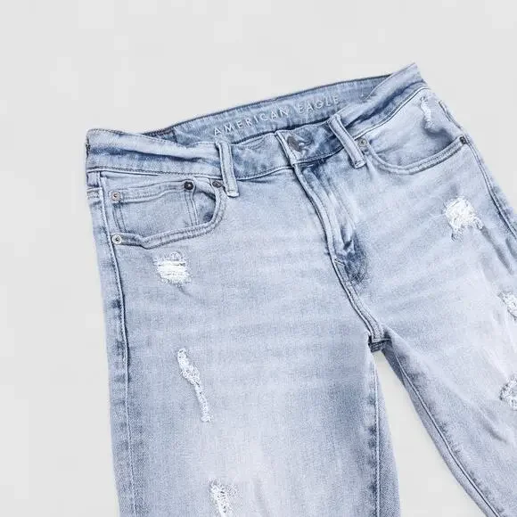 American Eagle Skinny Jeans Mens 32x34 Blue Light Wash Airflex Distressed Y2K - Picture 9 of 13